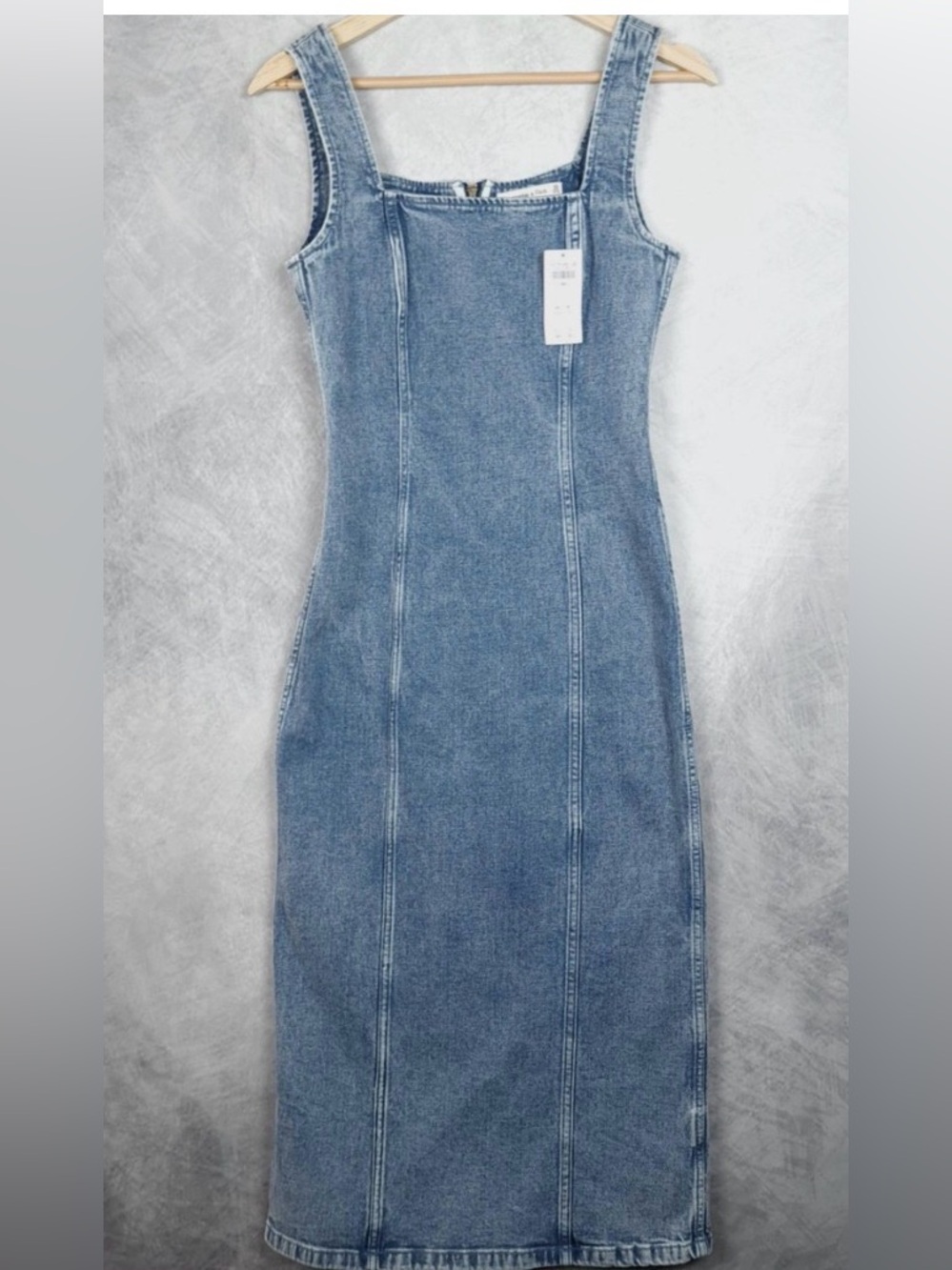 Abercrombie & Fitch Dress Womens XL Blue Denim Colomn Bodycon Midi Square Neck - Picture 10 of 13
